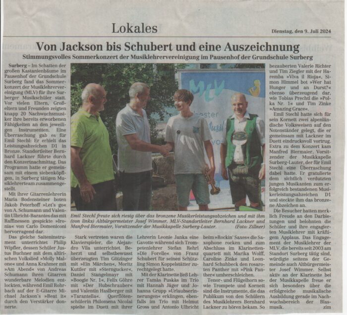 Zeitungsbericht über das Abschlusskonzert am 05.07.24 im Traunsteiner Tagblatt am 09.07.24